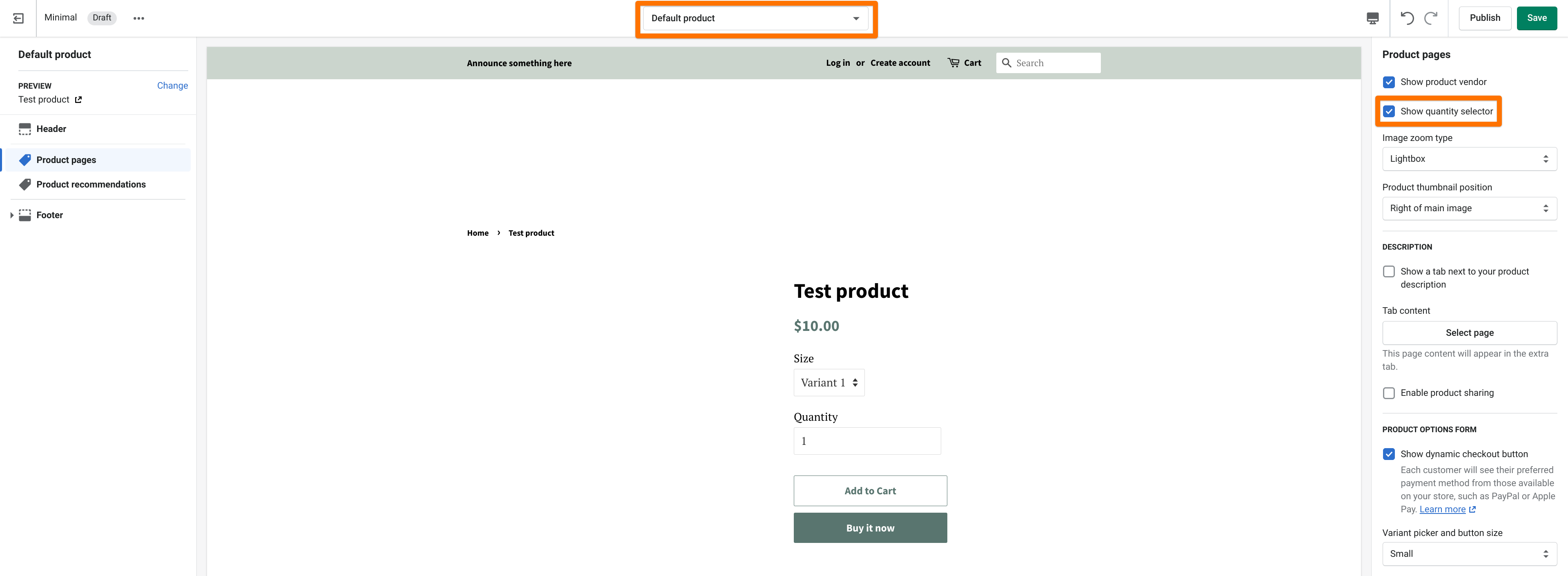 Shopify theme editor showing product page settings and quantity selector.