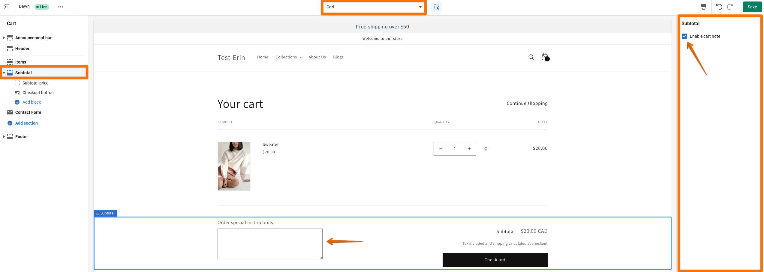 Shopify theme editor showing cart subtotal settings with order note enabled