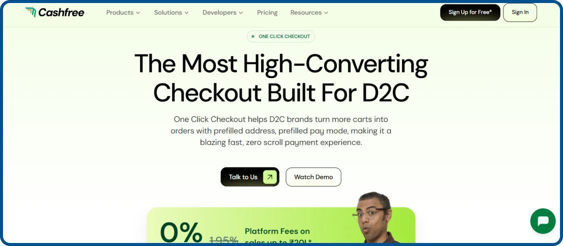 Cashfree One Click Checkout homepage