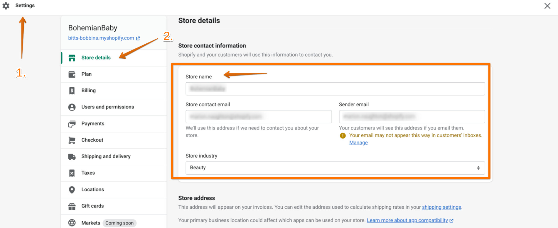 Shopify Store Details settings page