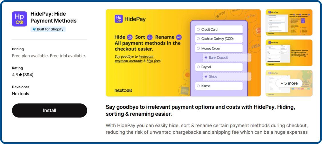 HidePay by Nextools on Shopify