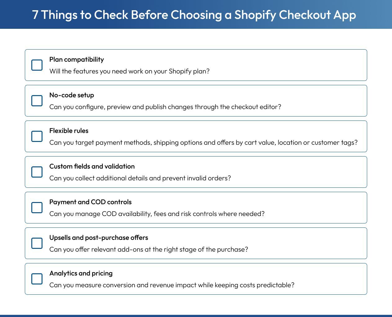 checklist for evaluating a Shopify checkout customization app.