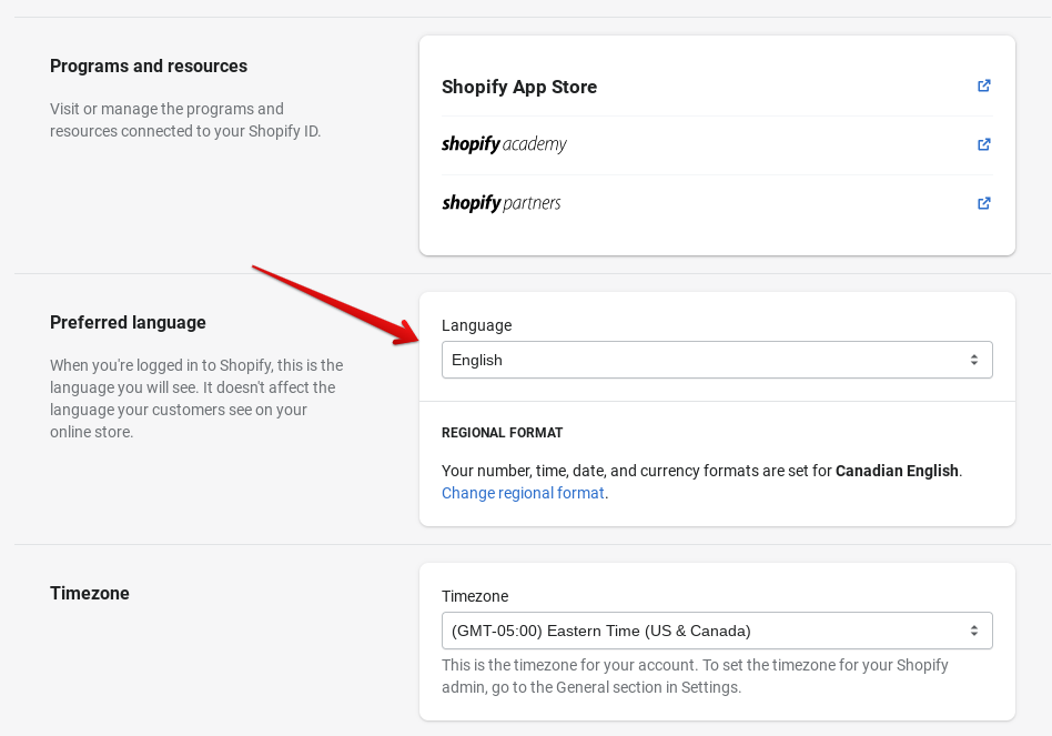 Shopify settings page showing preferred language and regional format.