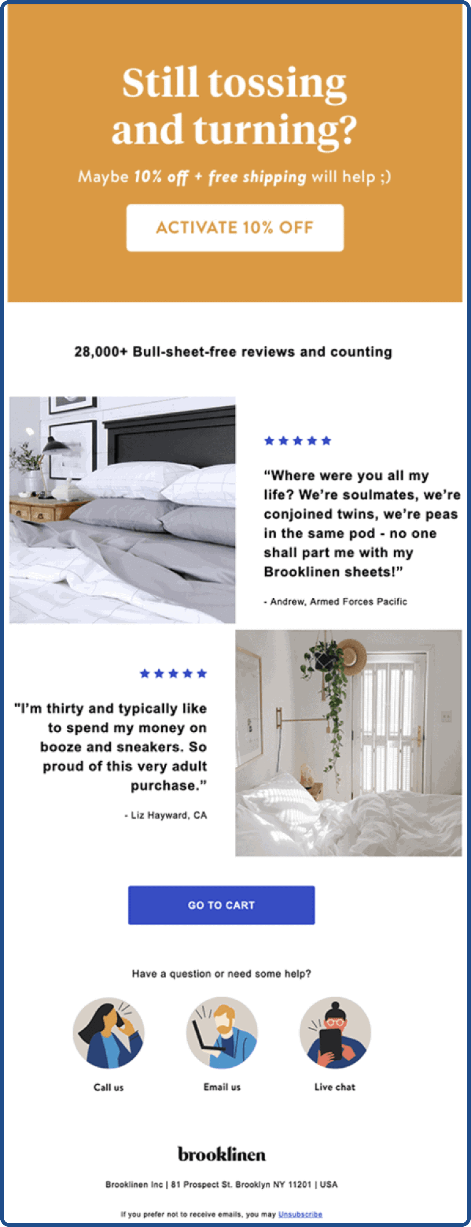 Abandoned cart email example from Brooklinen