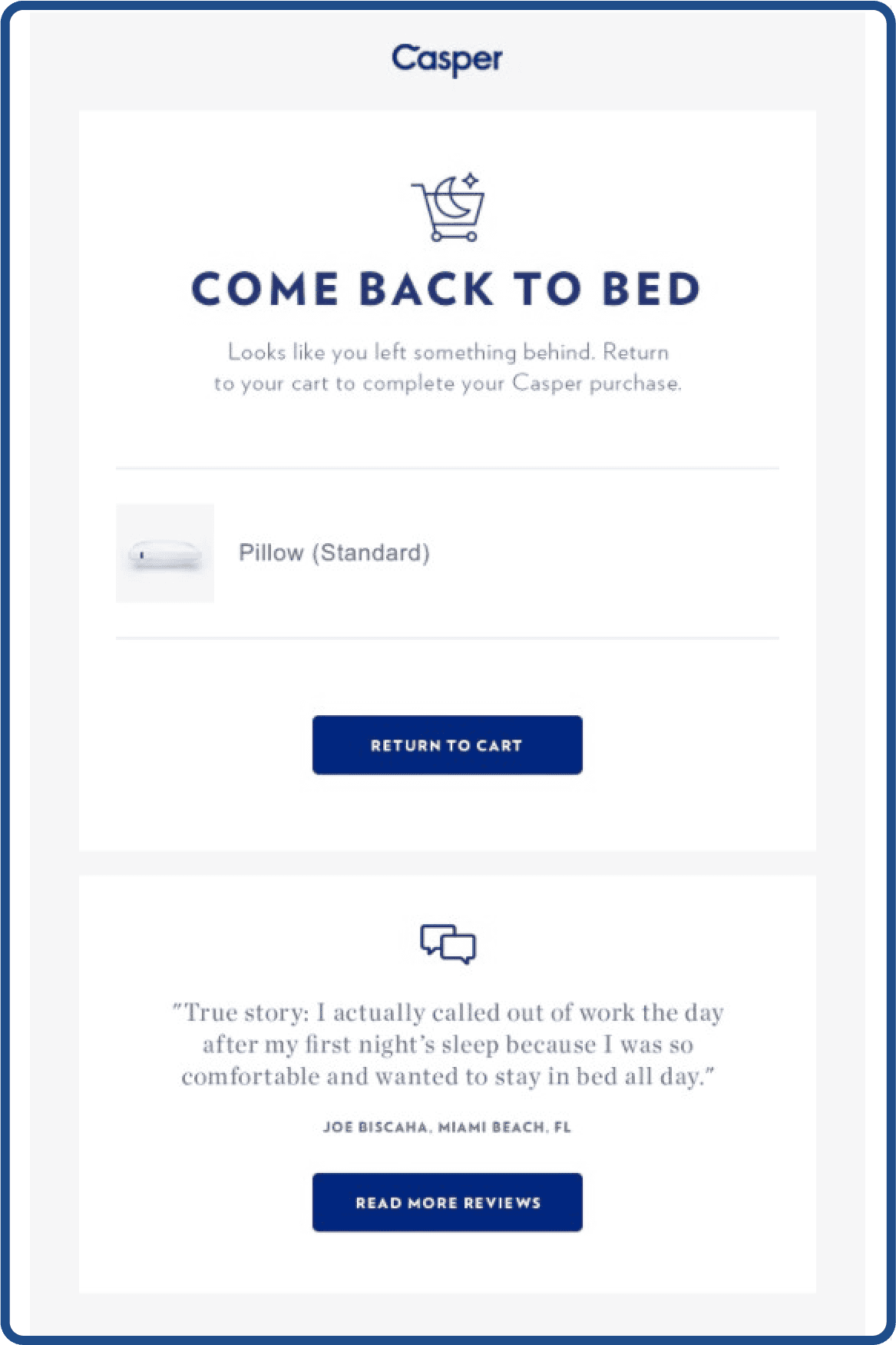 Abandoned cart email example from Casper 