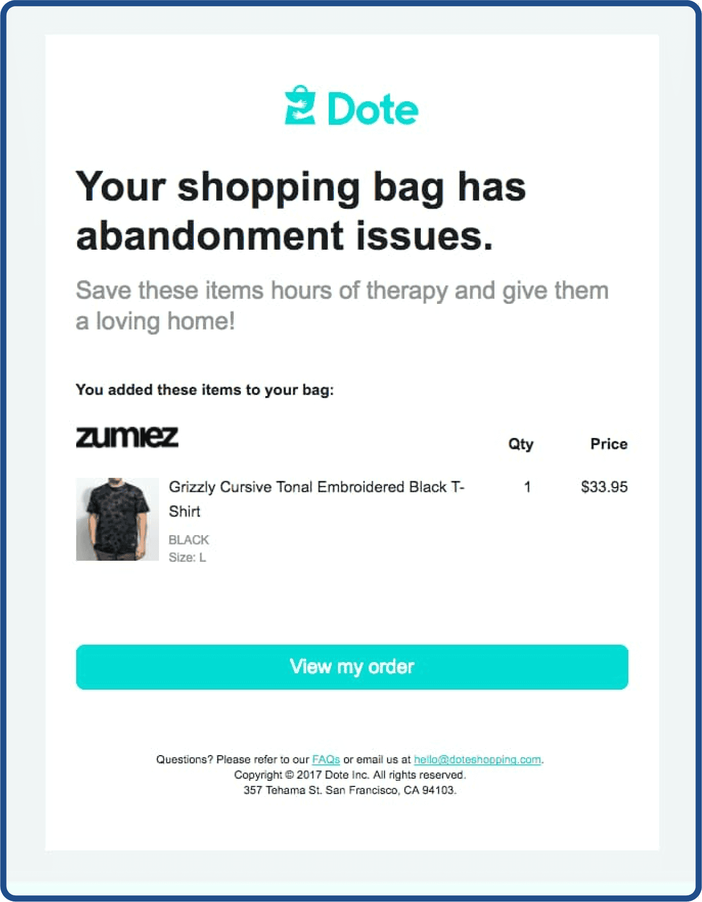 Abandoned cart email example from Dote