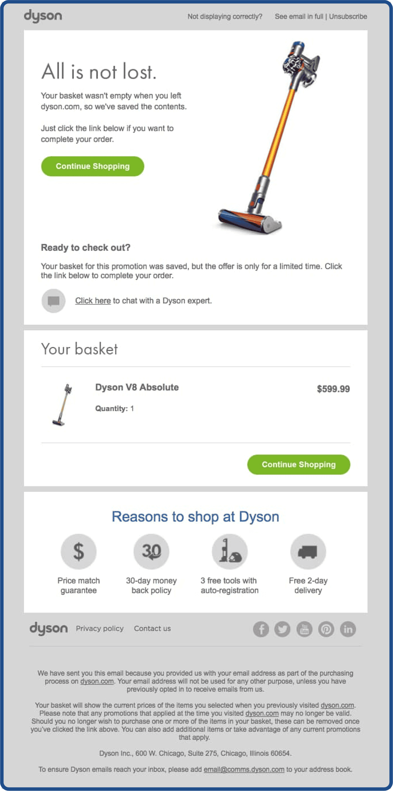 Abandoned cart email example from Dyson