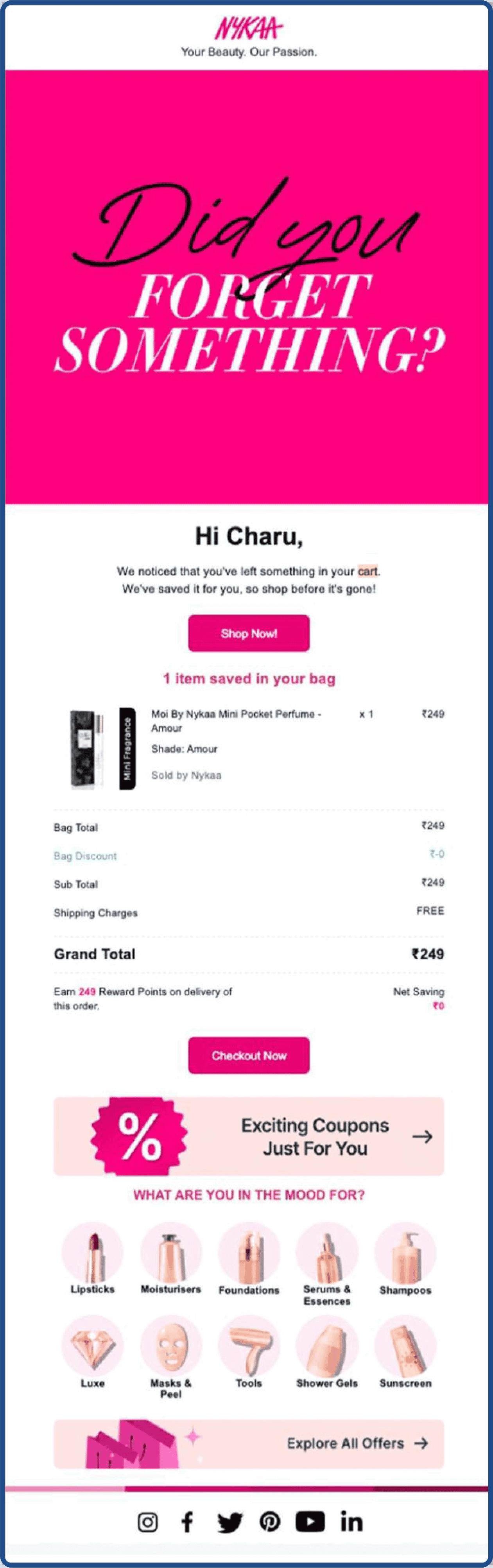 Abandoned cart email example from Nykaa