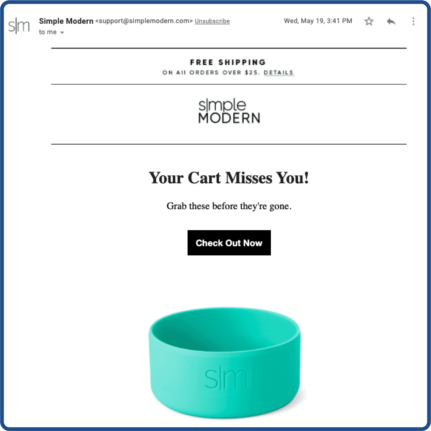 Abandoned cart email example from SimpleModern