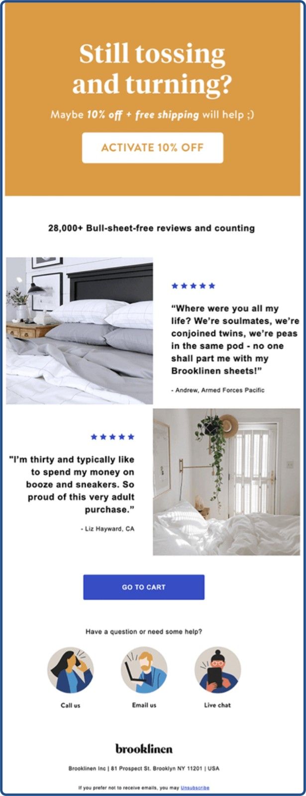 Abandoned cart email example from Brooklinen