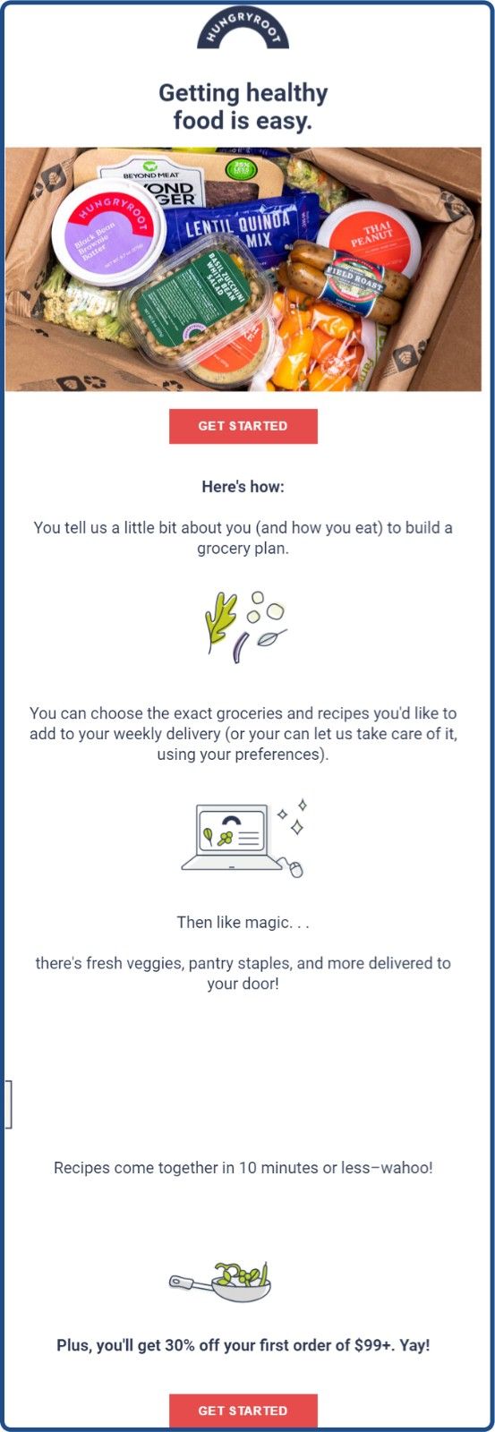 Abandoned cart email example from Hungryroot