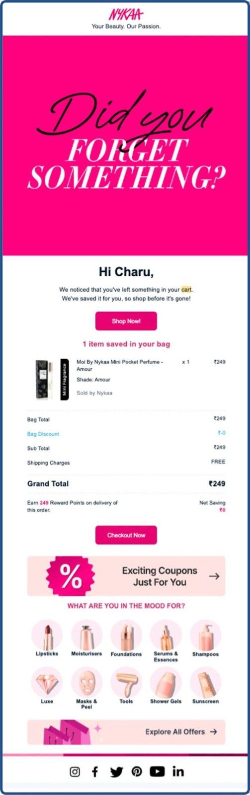 Abandoned cart email example from Nykaa 