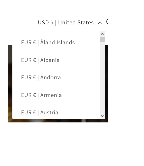 Dropdown menu for selecting currency and country.