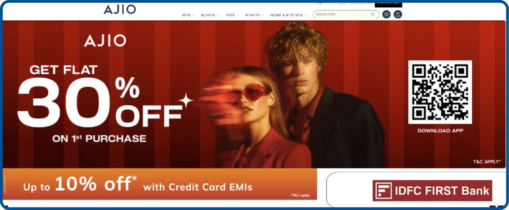 AJIO fashion marketplace homepage with curated collections