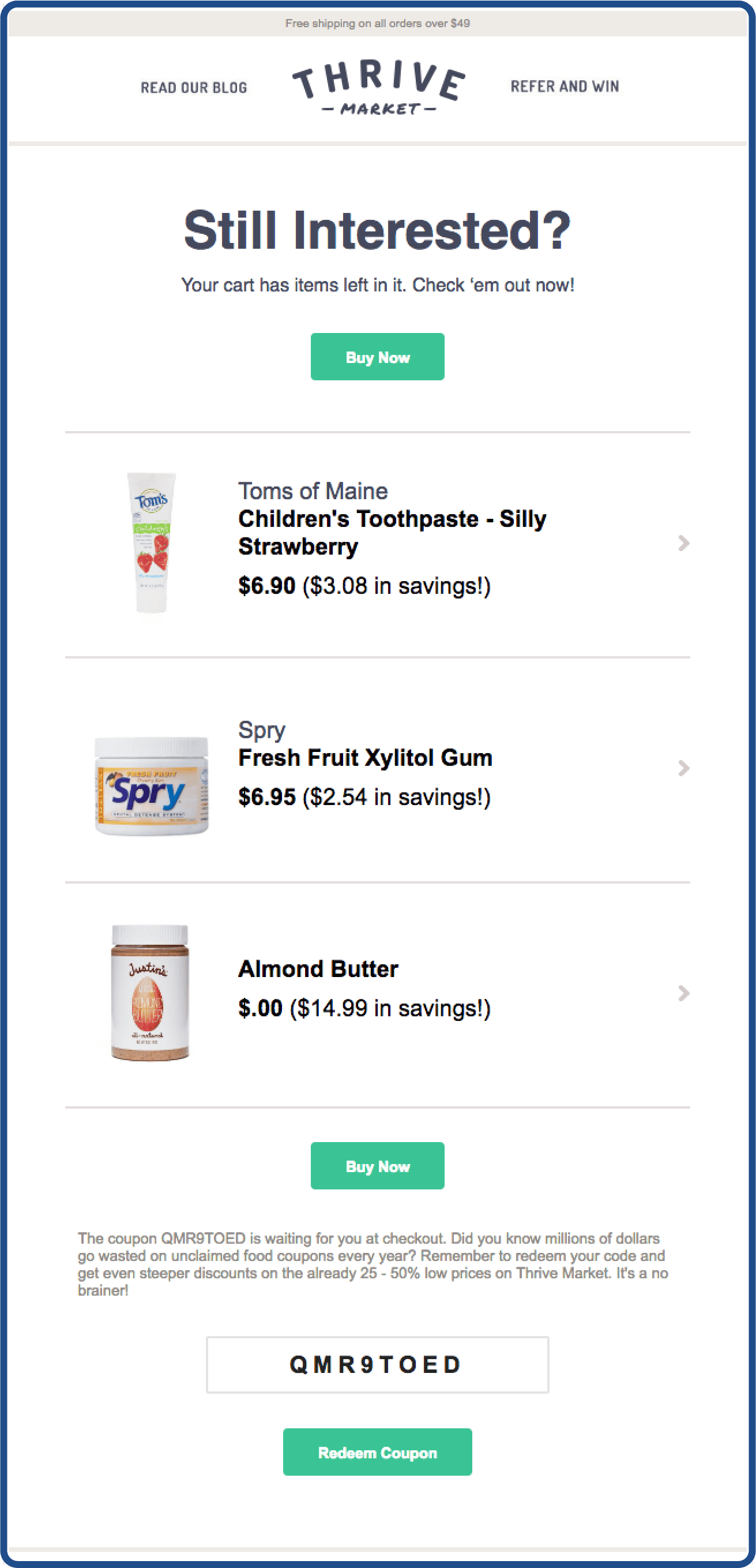 Abandoned cart email example from Thrive