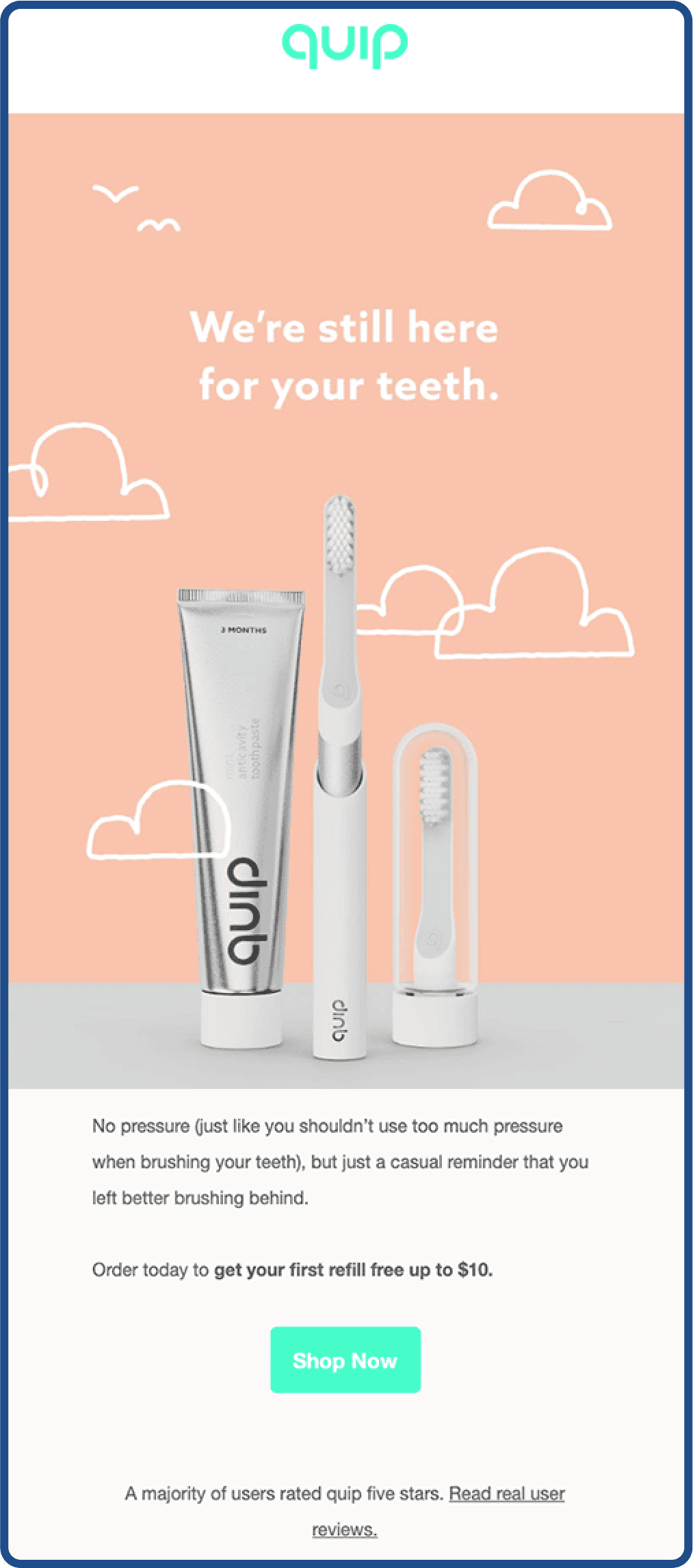 Abandoned cart email example from Quip