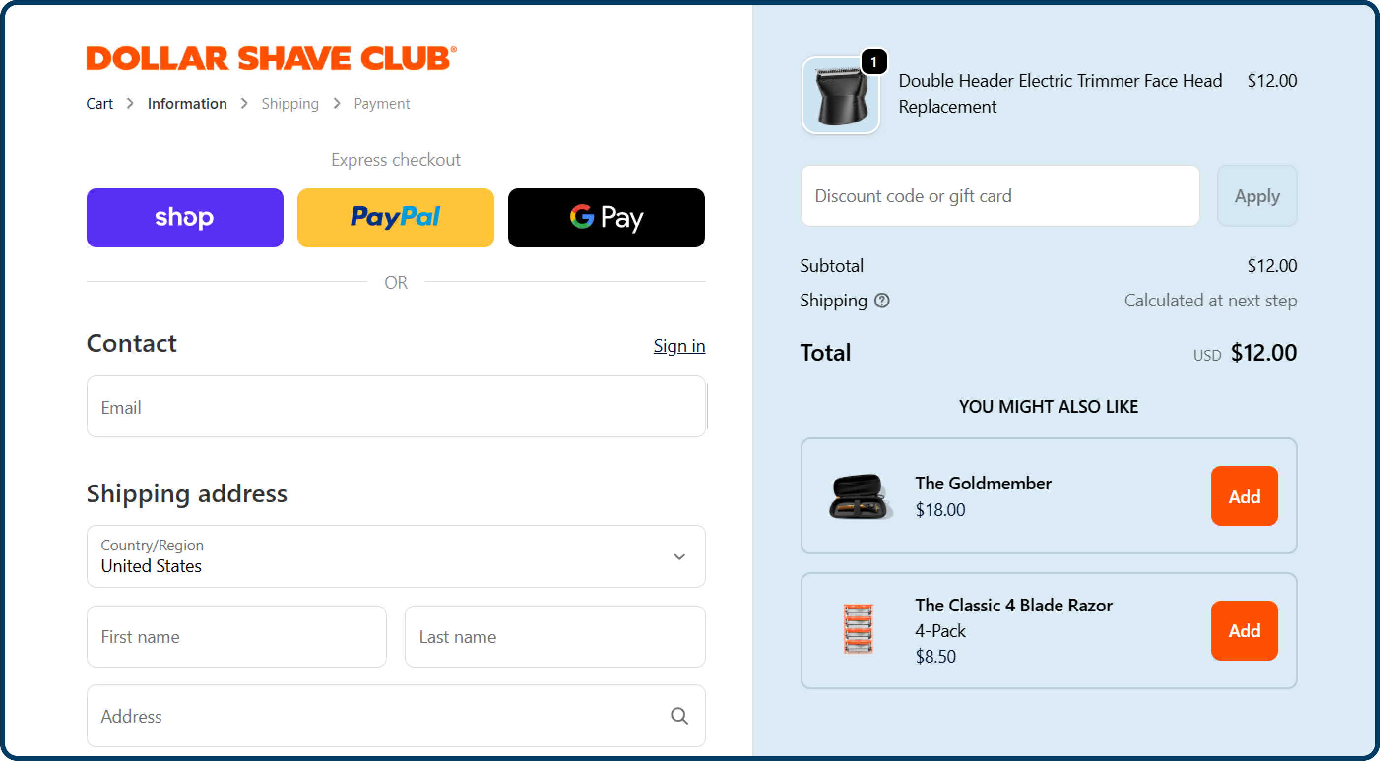 Checkout page design example from Dollar Shave Club