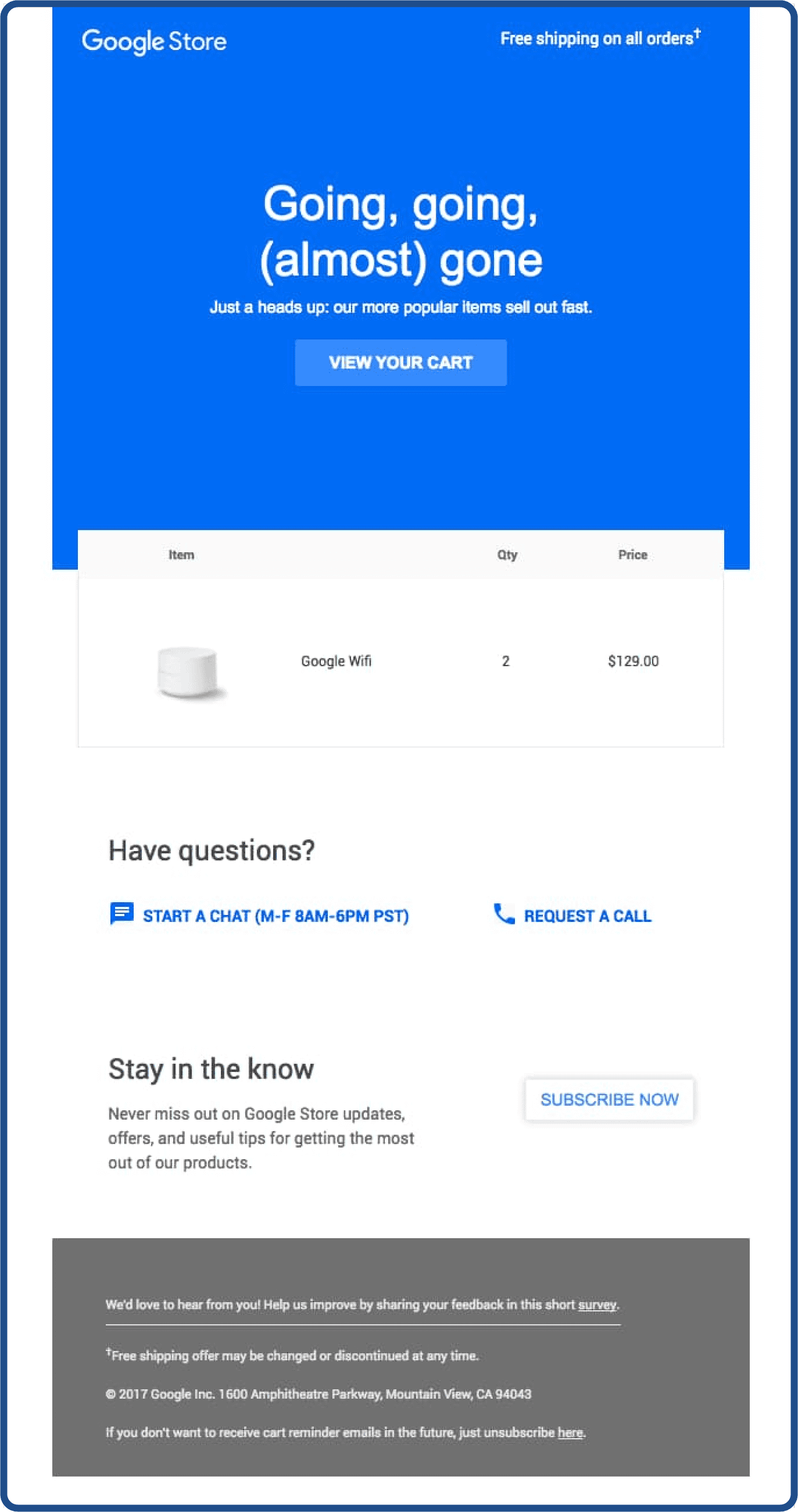 Abandoned cart email example from Google