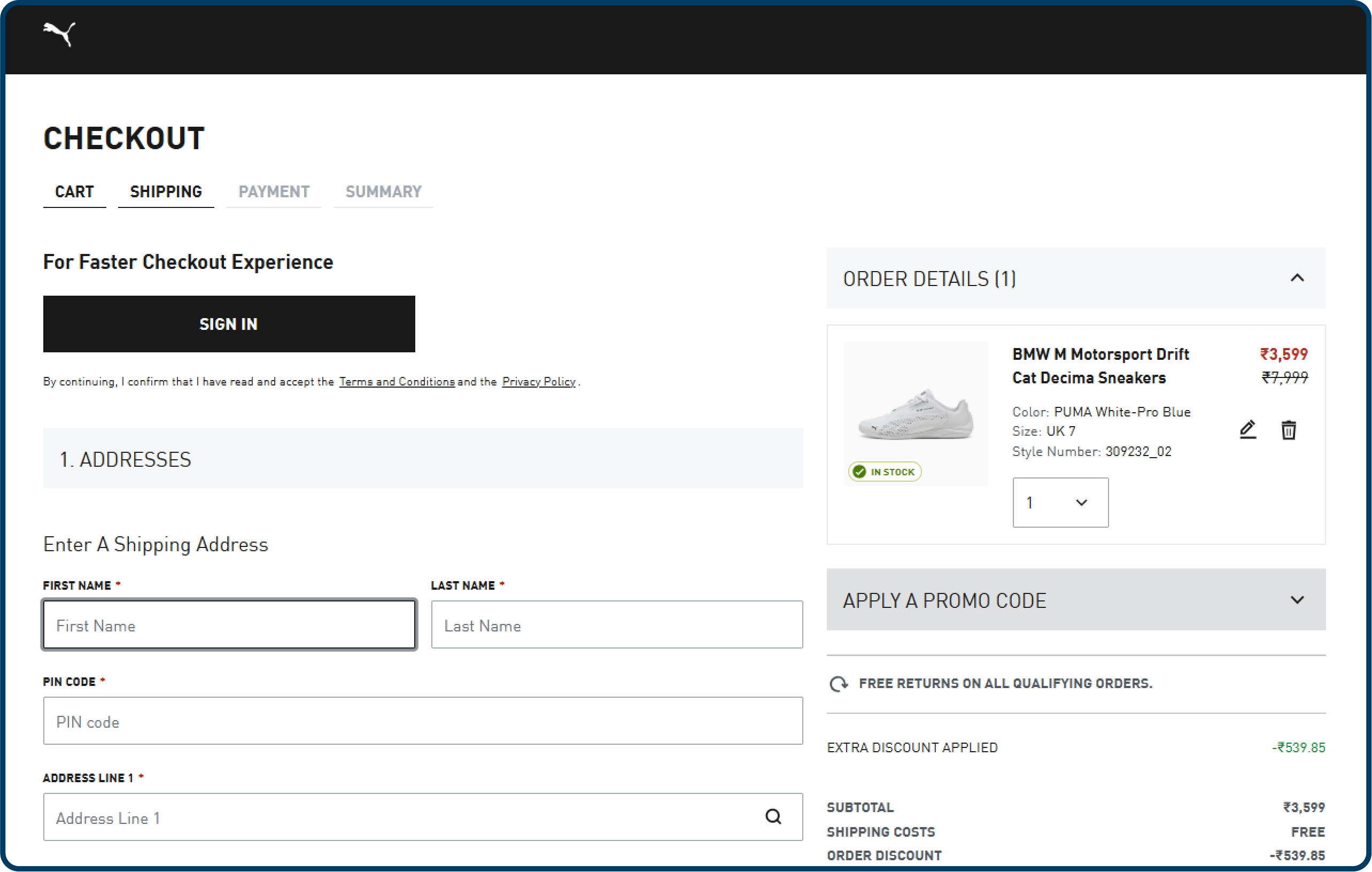 Checkout page design example from Puma