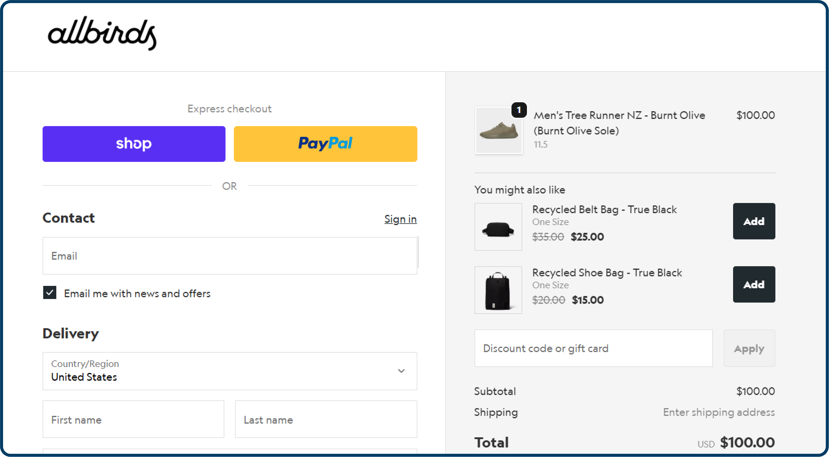 Checkout page design example from Allbirds