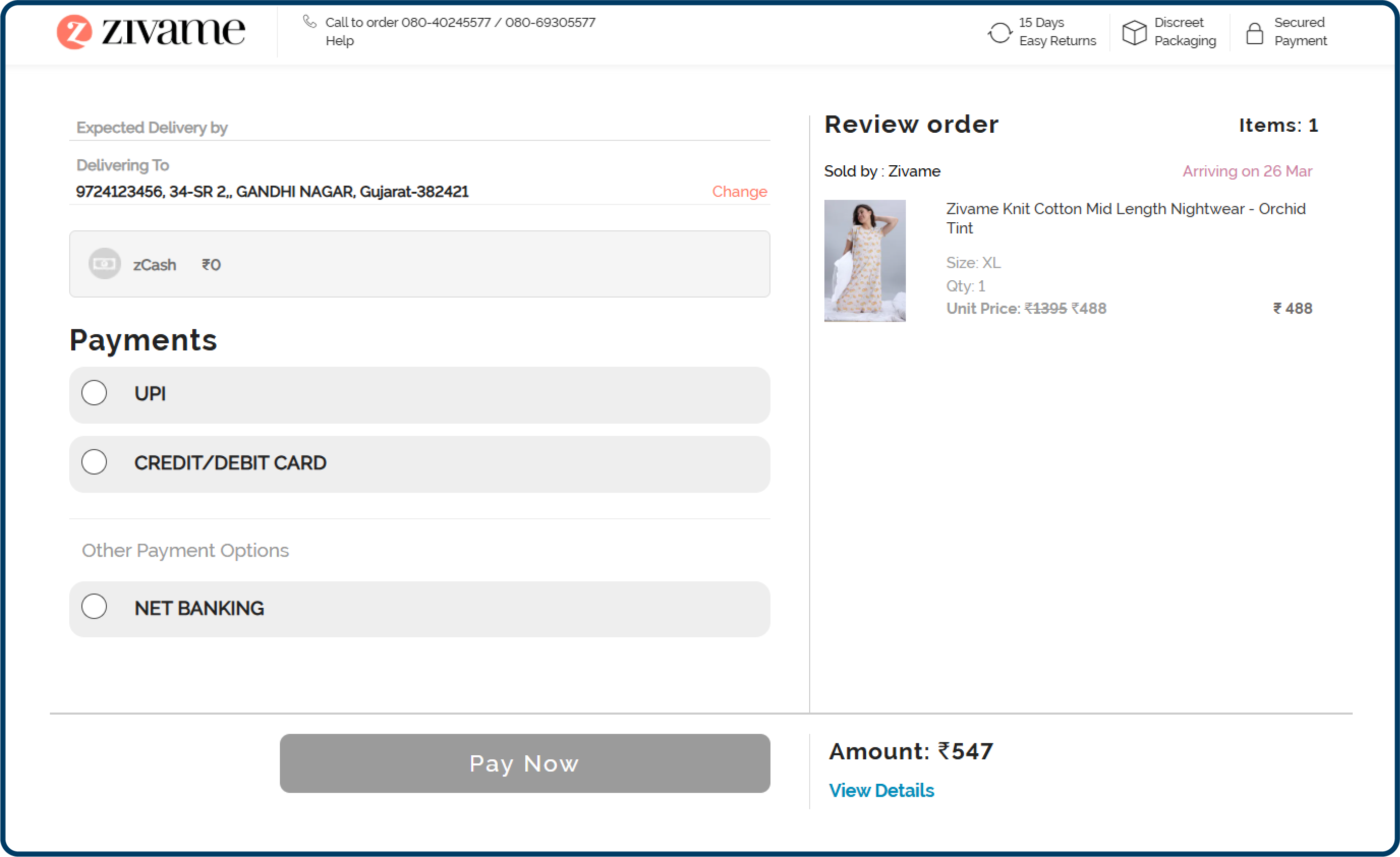 Checkout page design example from Zivame