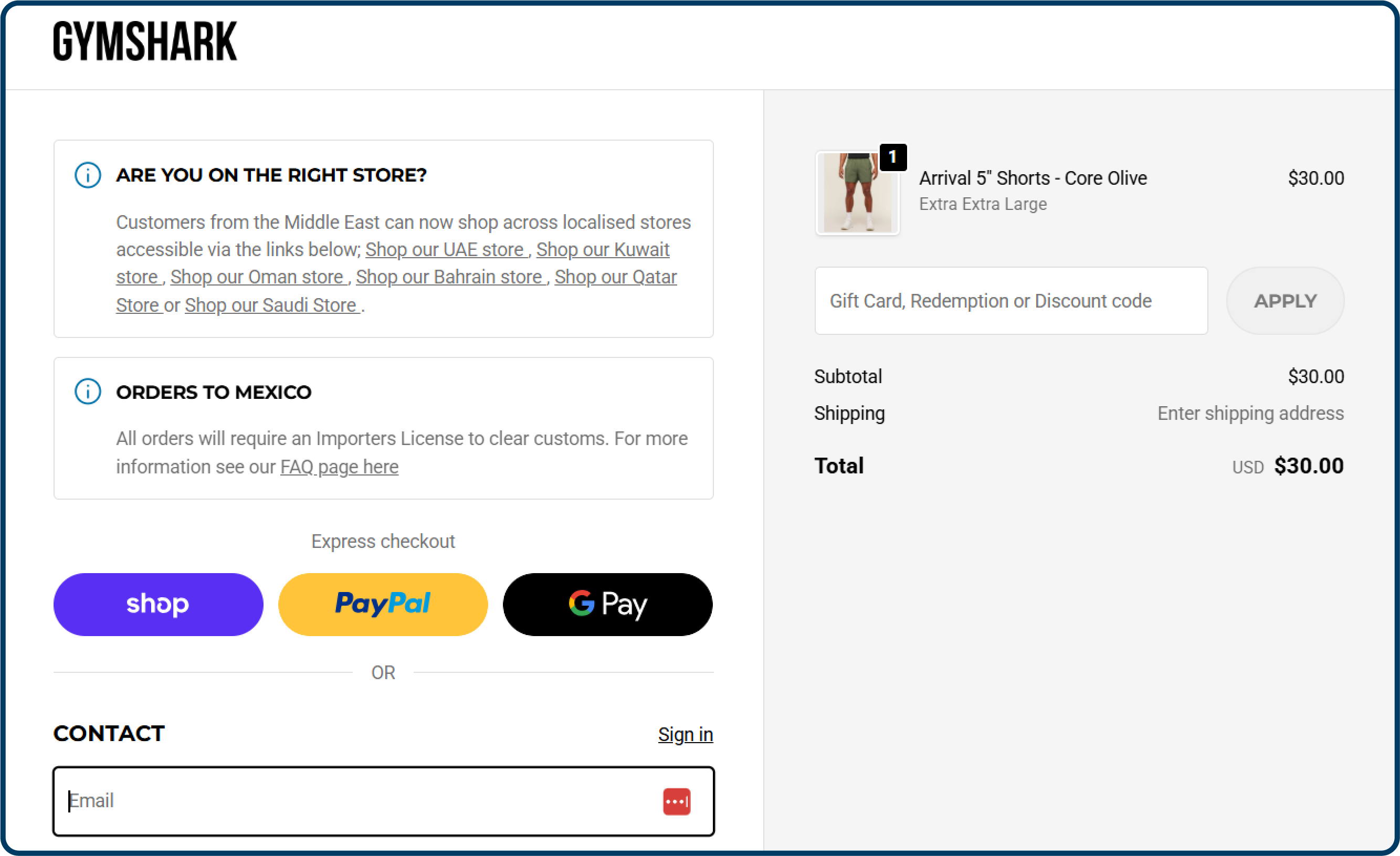 Checkout page design example from Gymshark