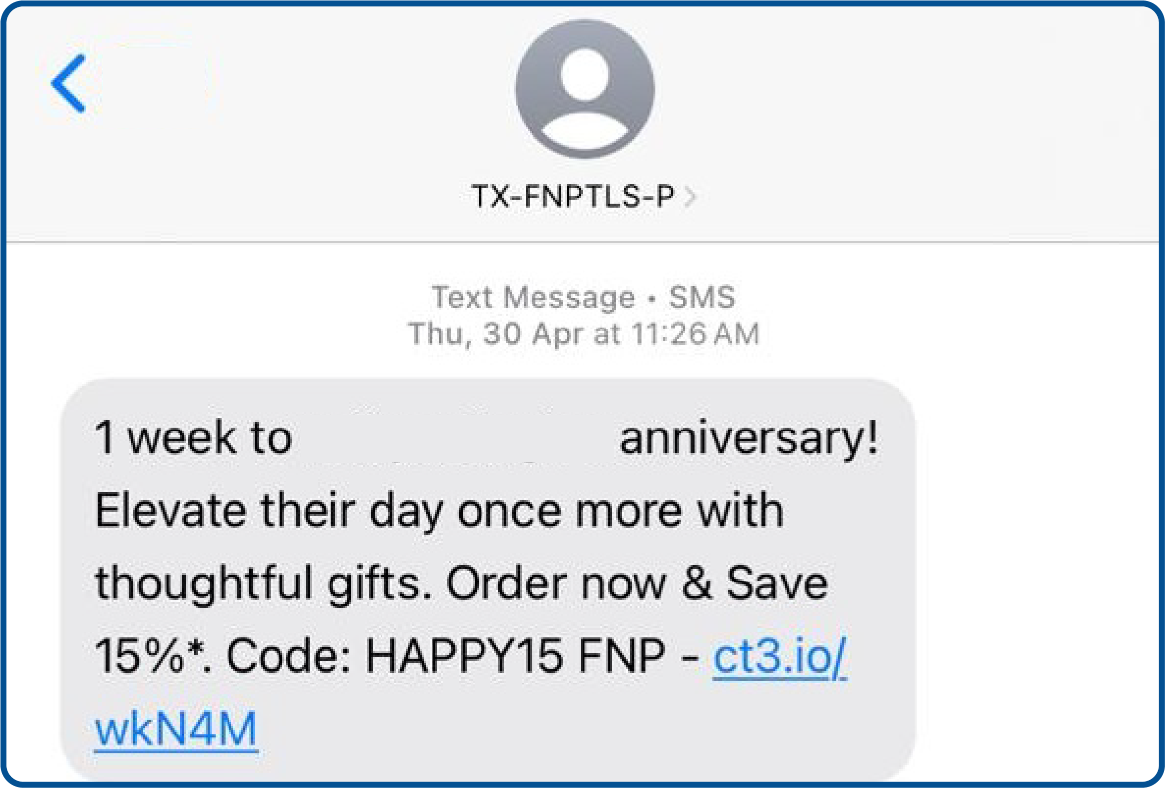 Anniversary SMS marketing example from Ferns&Petals