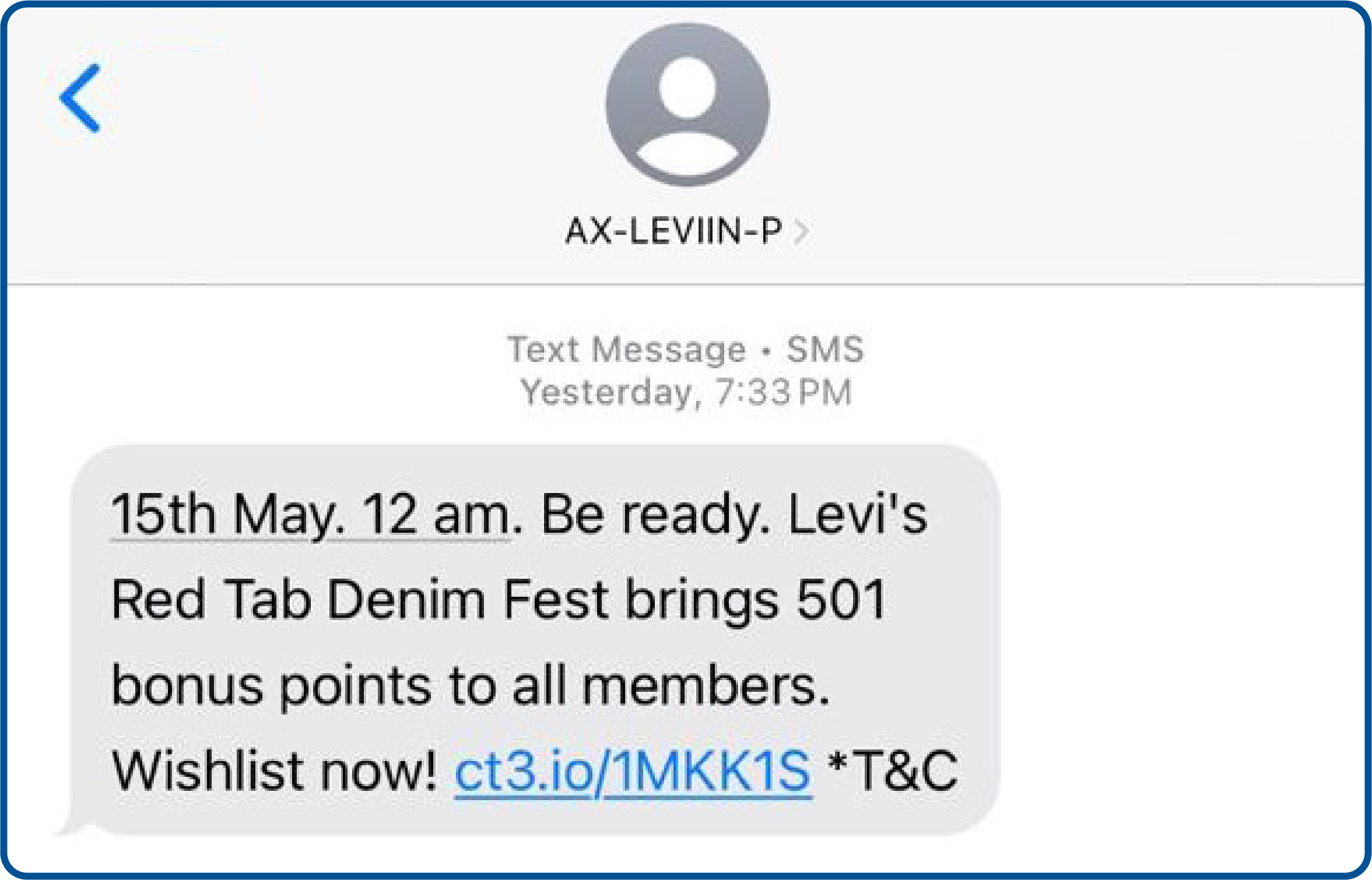 Loyalty perks SMS marketing example from Levis offering bonus points to members