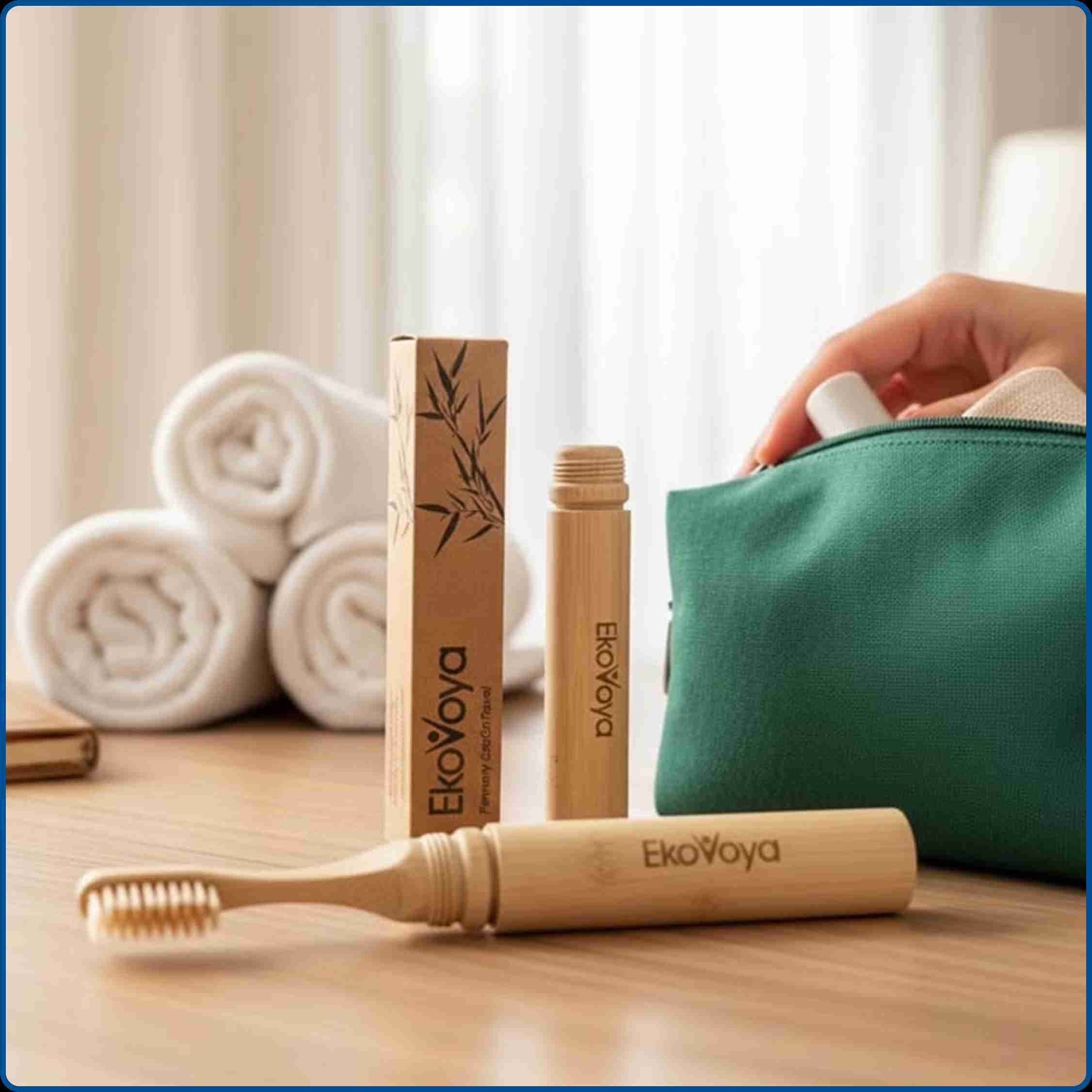 Bamboo toothbrushes and reusable cloth bags for sustainable dropshipping store.