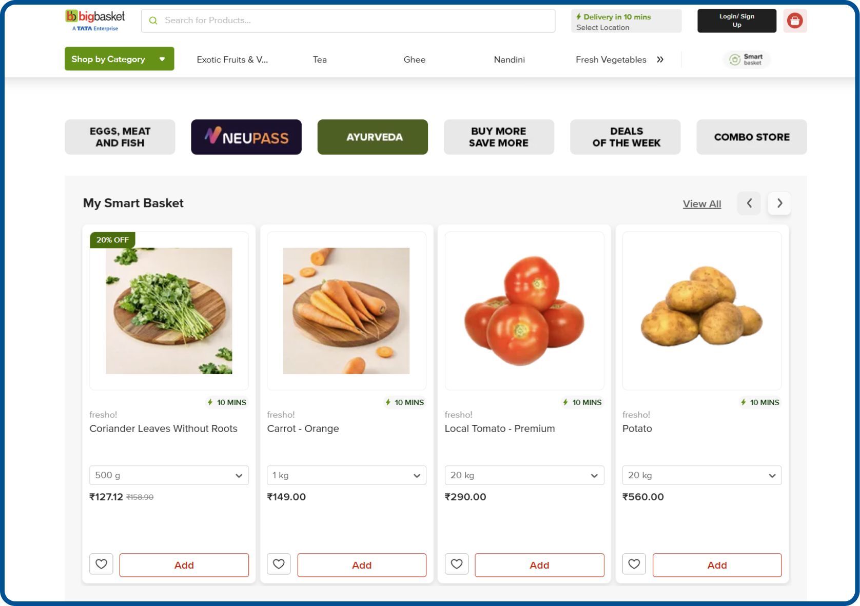 BigBasket online grocery homepage with staples