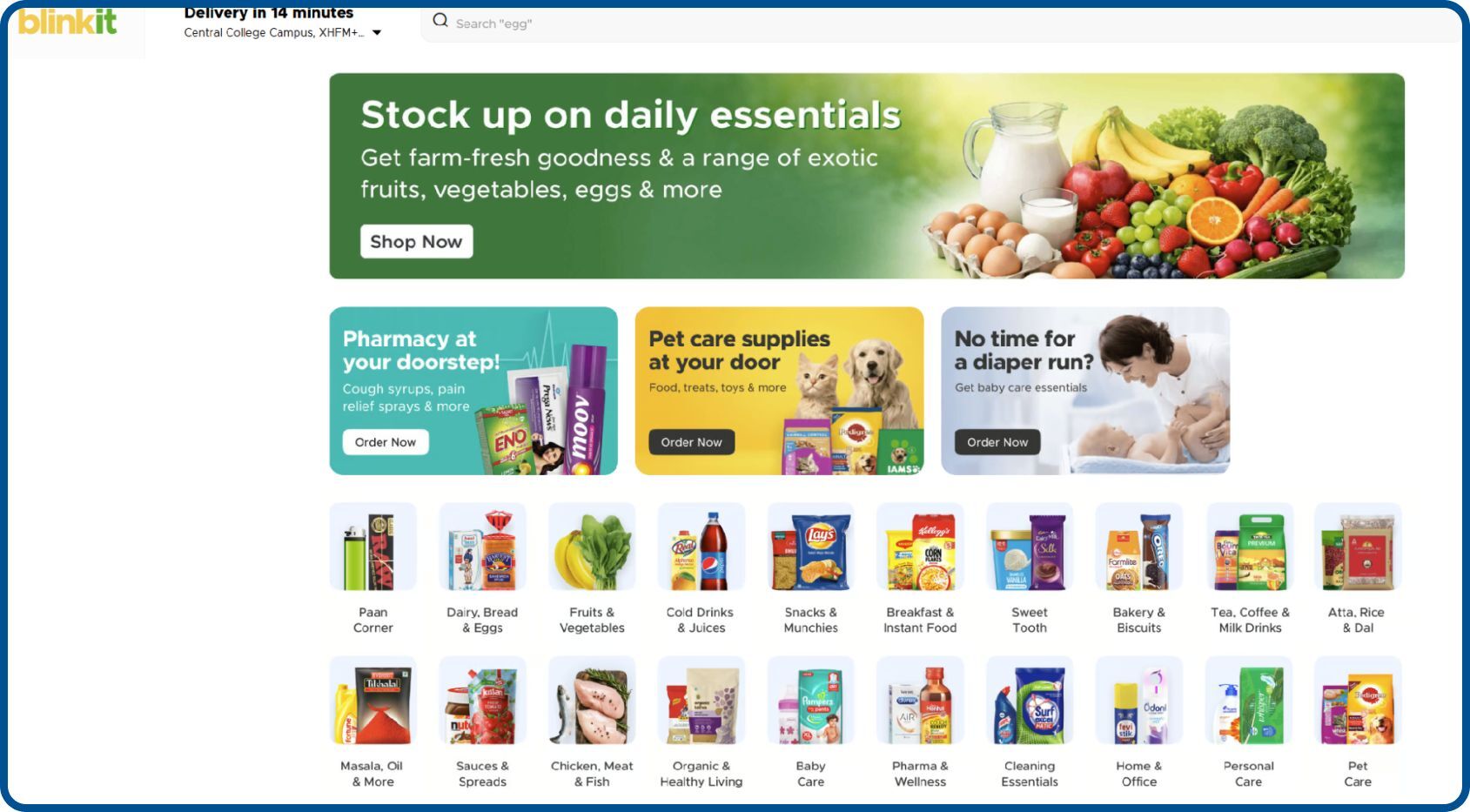 Blinkit app showing quick commerce products