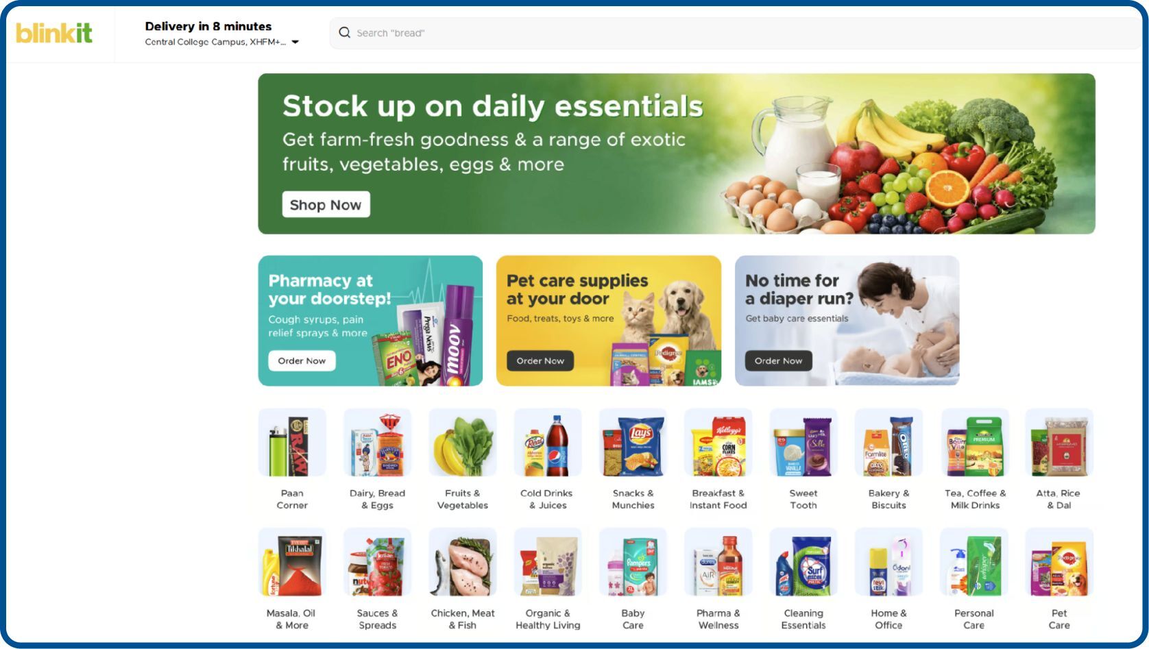 Blinkit quick commerce grocery delivery homepage