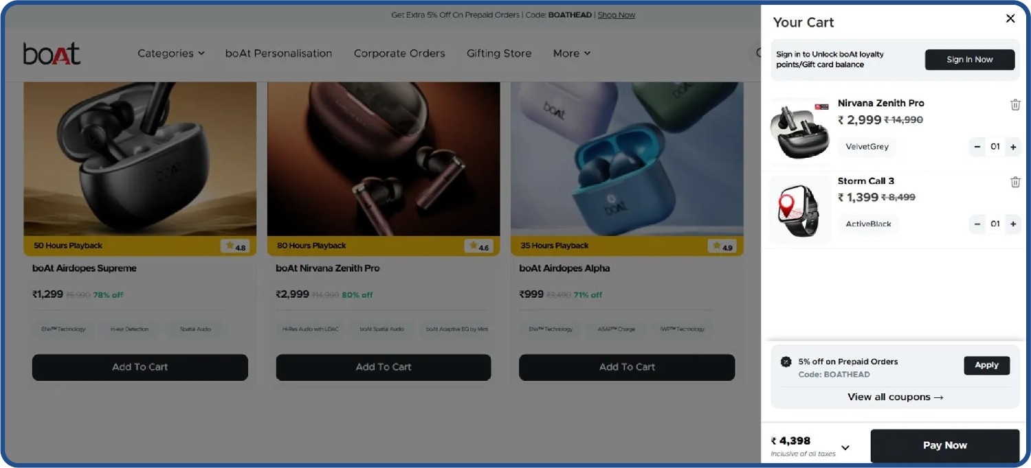 Boat Lifestyle&rsquo;s e-commerce shopping cart example for consumer electronics D2C brands