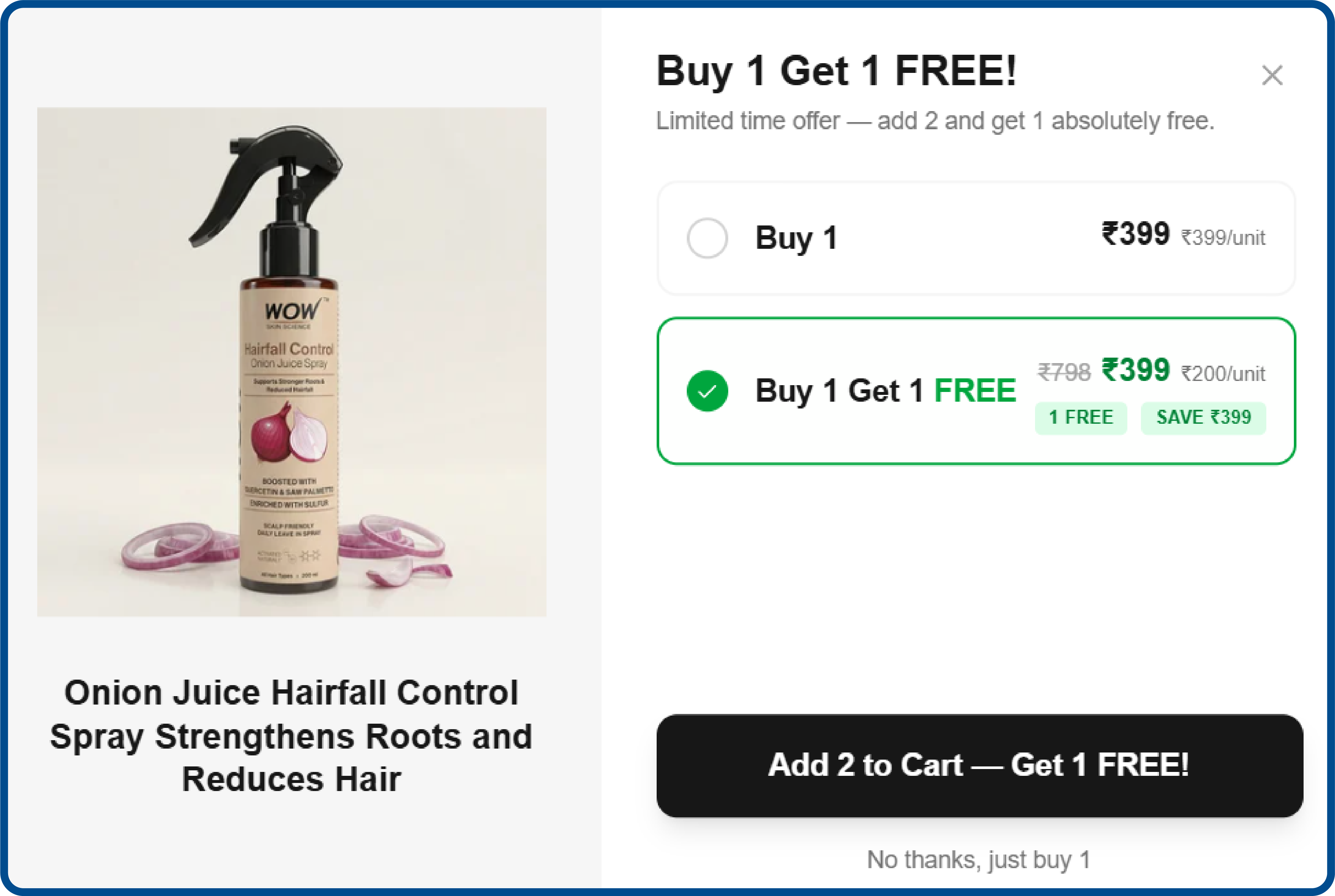 BOGO exit pop-up on a product page, framed as leaving a free item behind, not as a discount