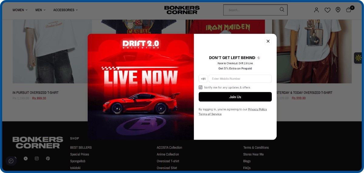  Bonkers Corner new launch pop-up using campaign creative to capture mobile numbers for early access to a new collection