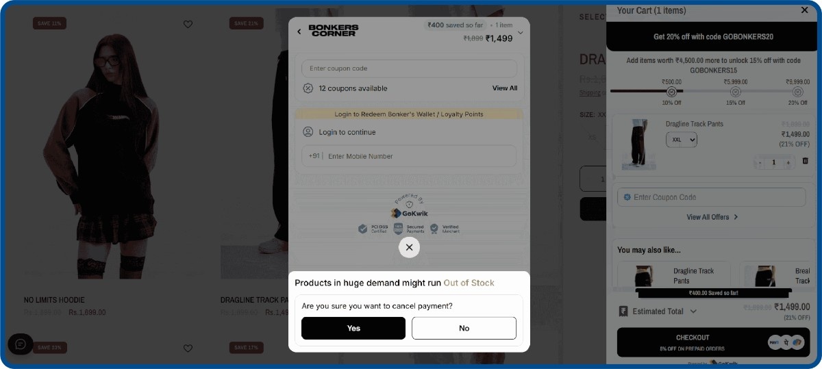  Bonkers Corner out-of-stock scarcity pop-up at checkout cancellation &mdash; no discount needed at this stage of the funnel