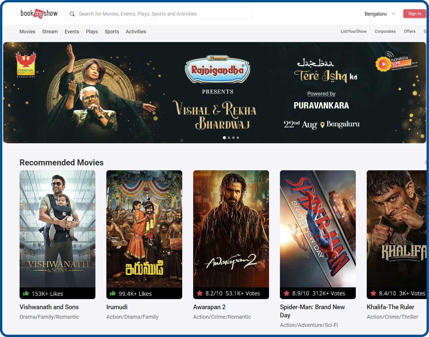 BookMyShow event ticketing homepage with listings