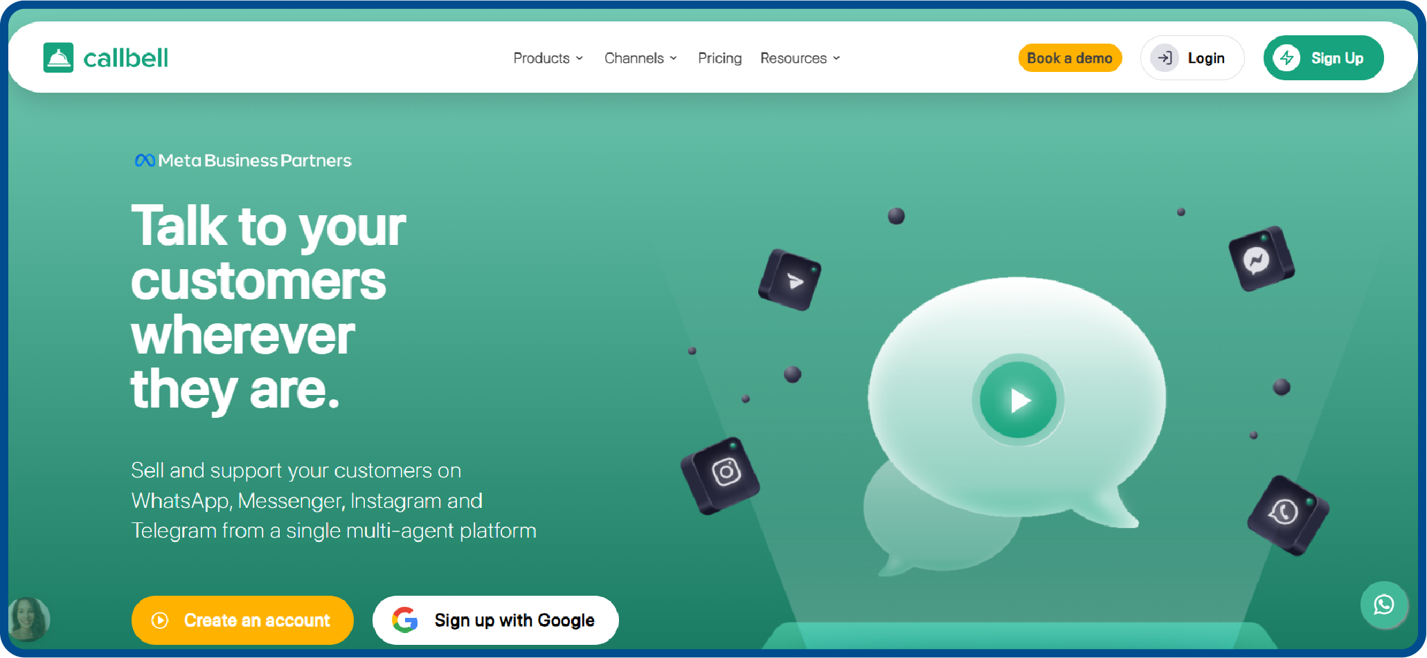 CallBell website interface aggregating different chat apps