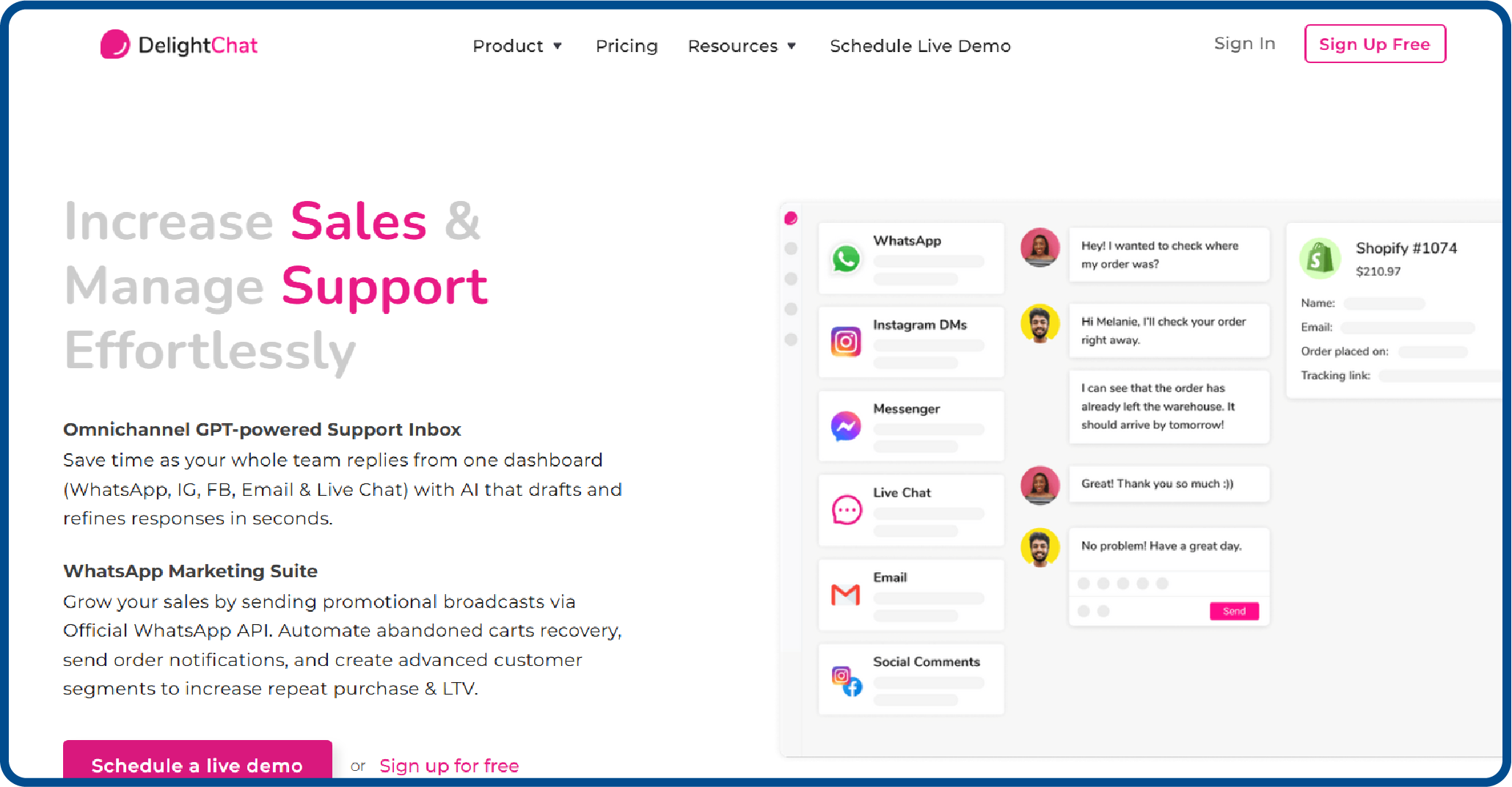 DelightChat website homepage screenshot