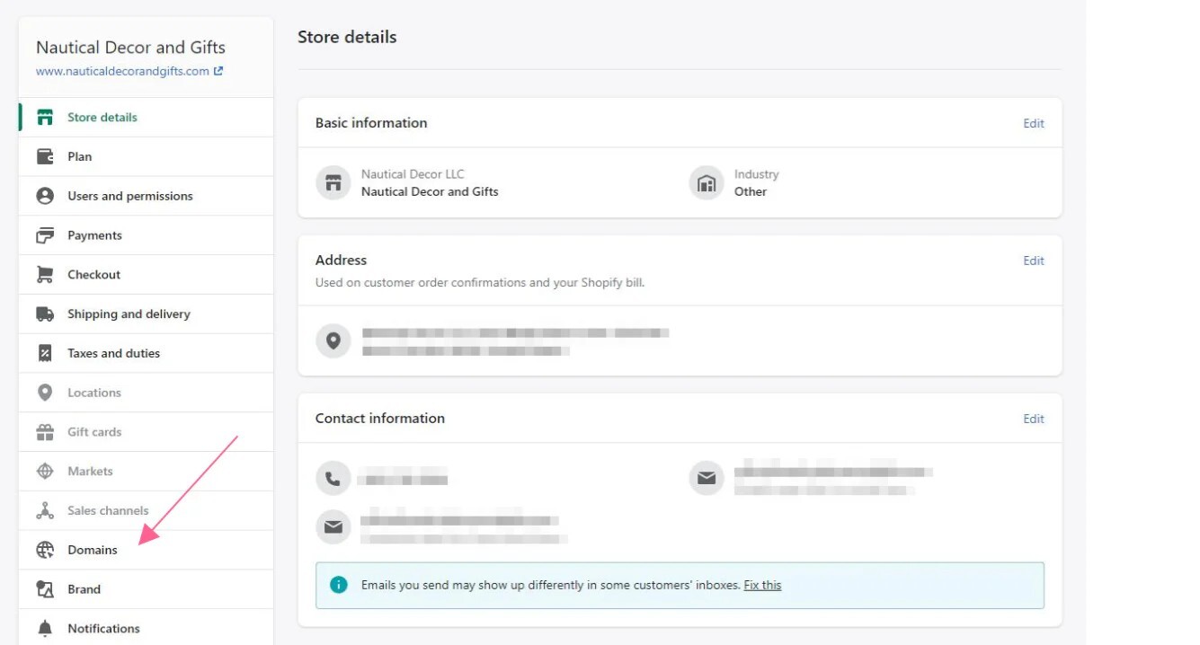 Shopify settings page with Domains highlighted
