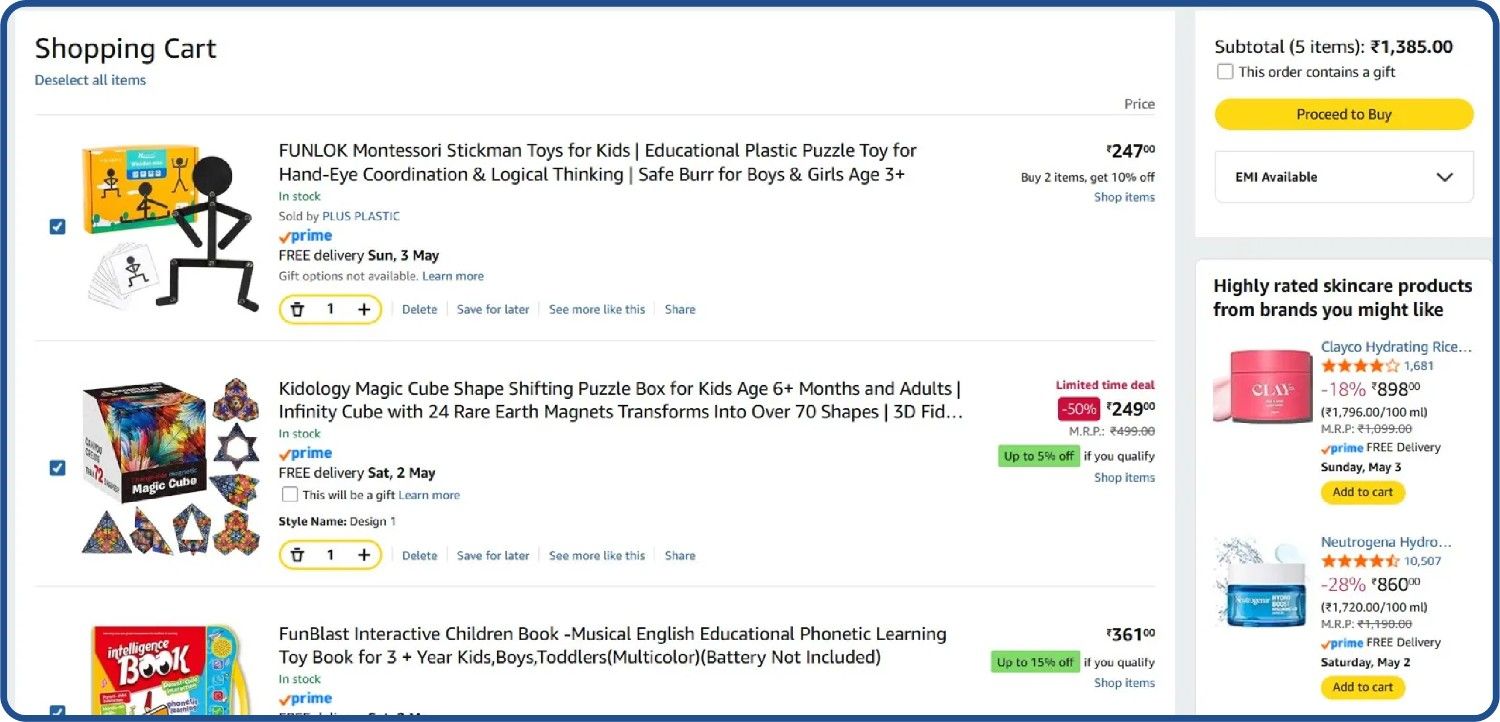 E-commerce shopping cart example from Amazon, world&rsquo;s biggest online store