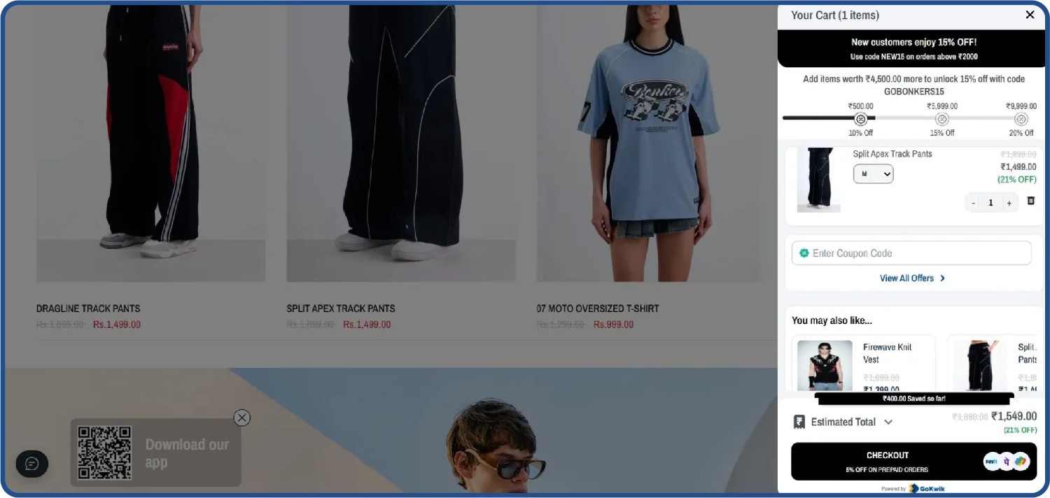 E-Commerce shopping cart example from Bonker&rsquo;s Corner, a D2C fashion brand