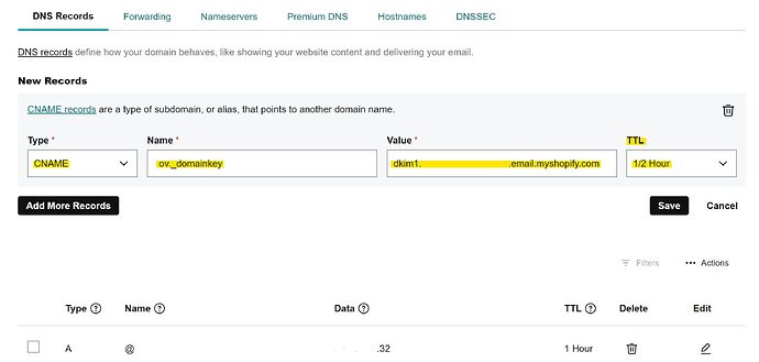 DNS CNAME record setup for Shopify email