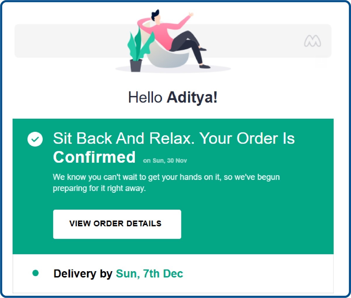 Example of order confirmation email from Myntra