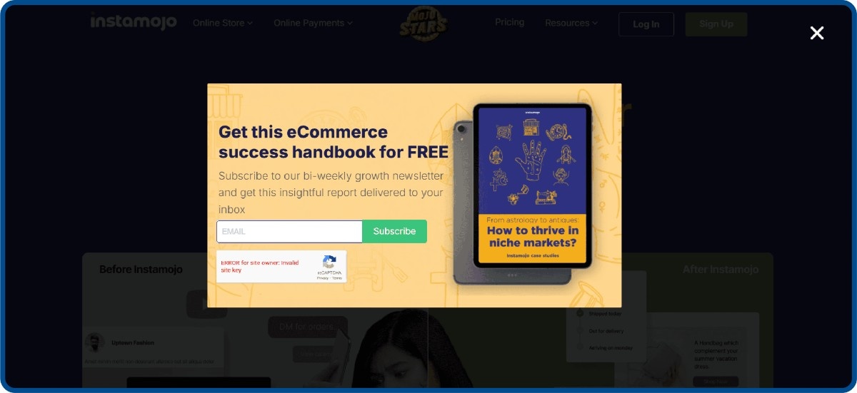  Free resource pop-up for low-intent visitors, trades a relevant handbook for an email address and newsletter subscription