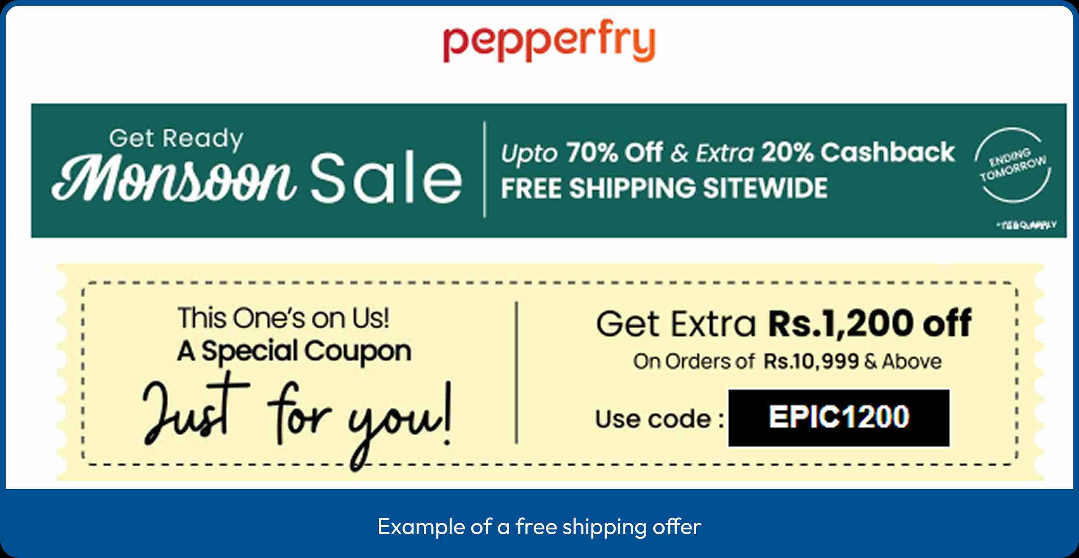 Free shipping window, limited-time offer example from Pepperfry