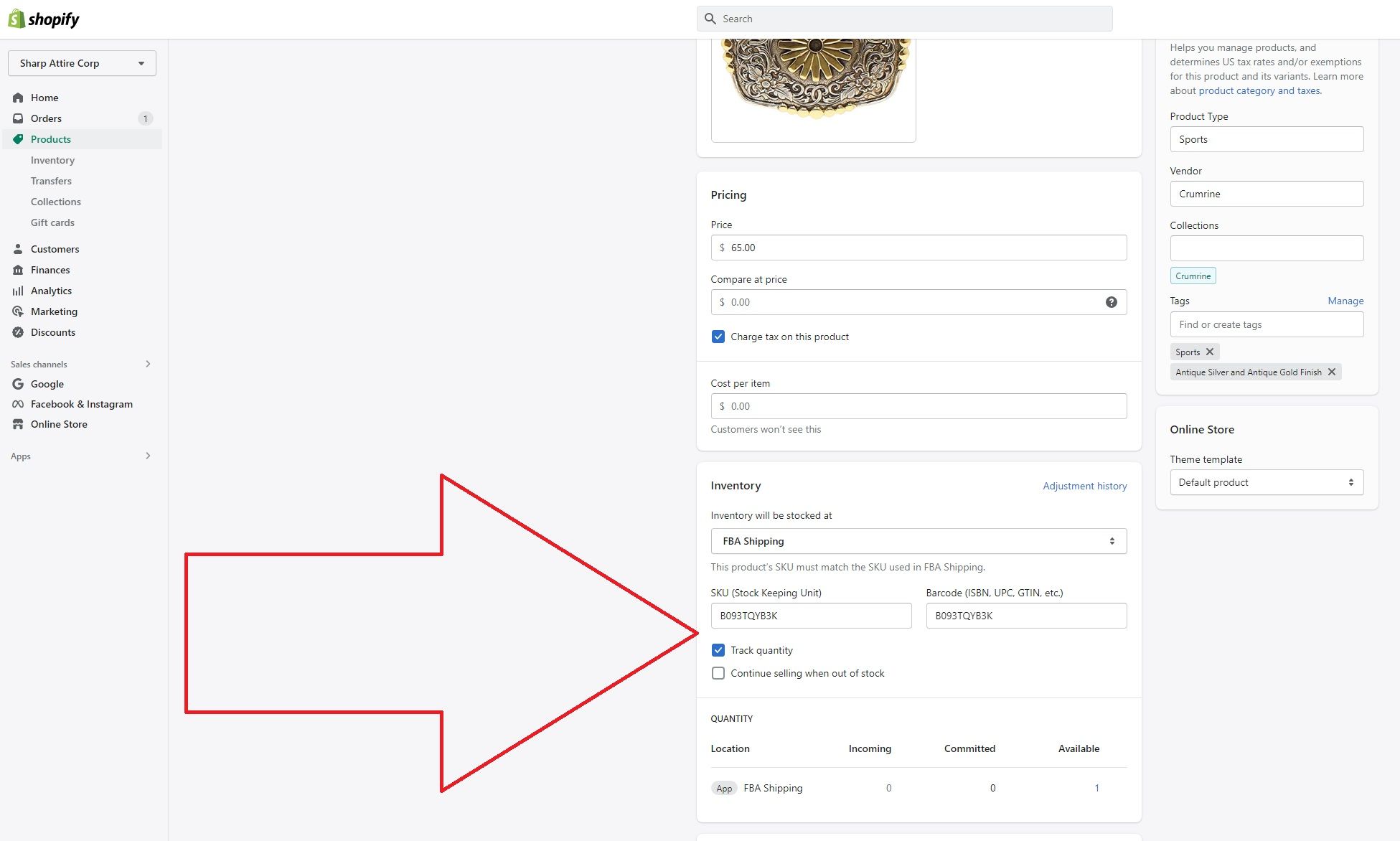 Shopify product page with inventory and SKU fields highlighted
