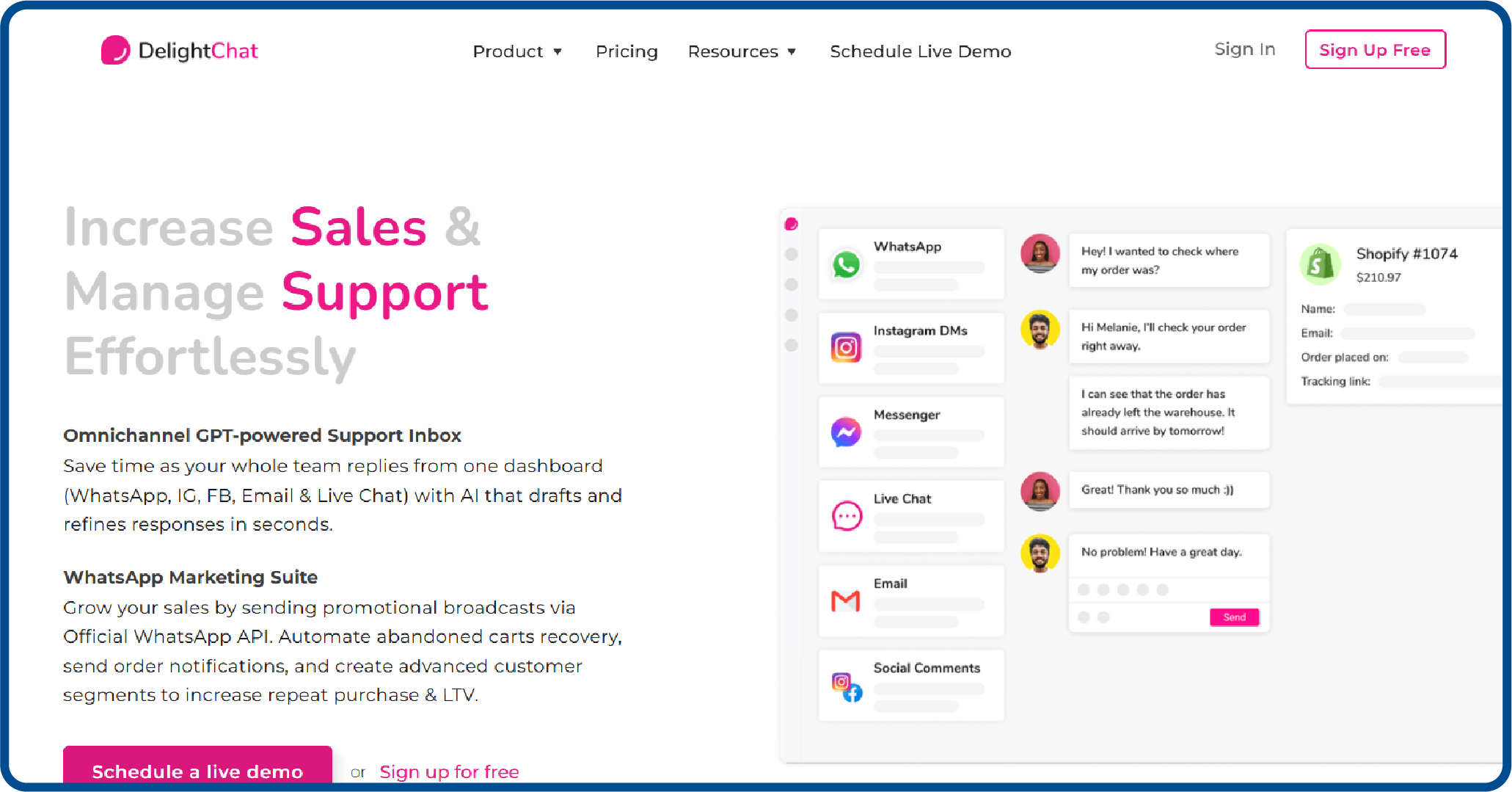Homepage screenshot for DelightChat