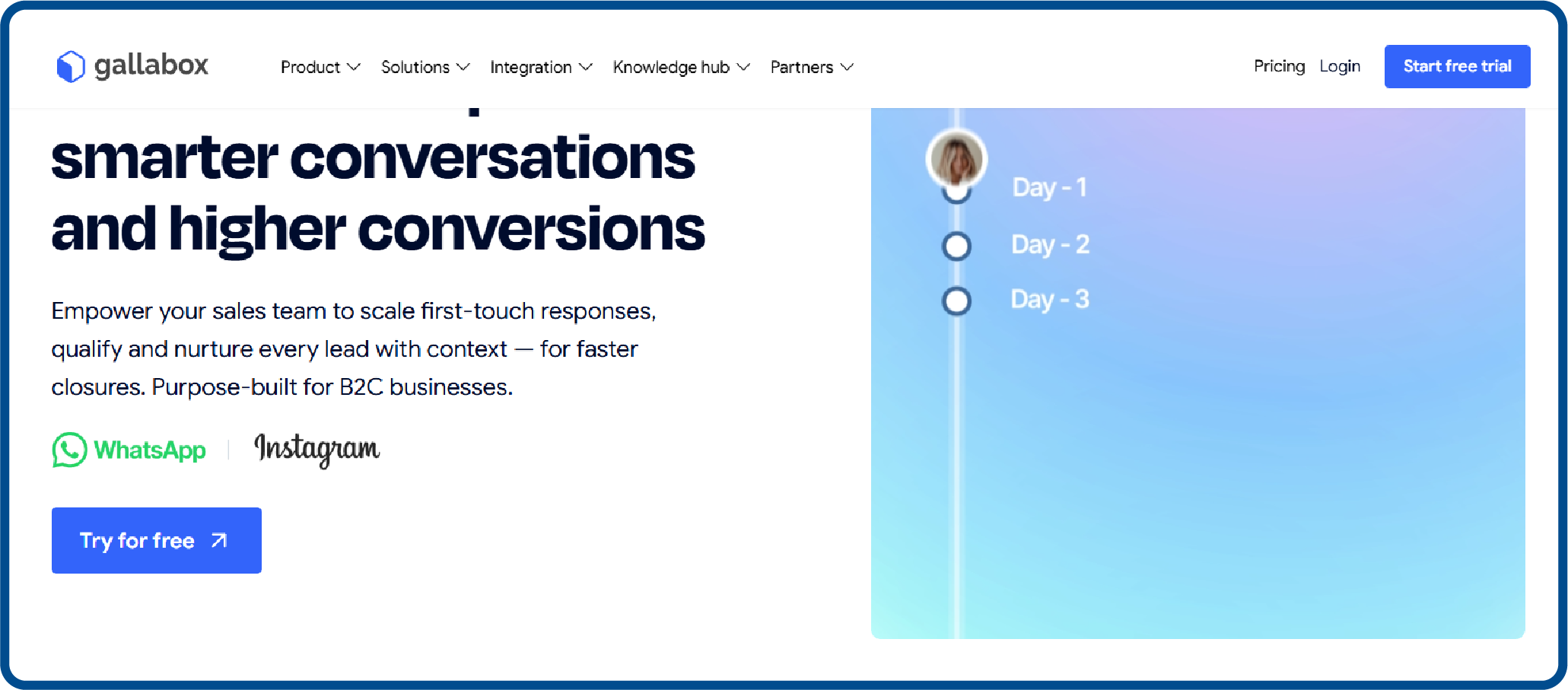 Homepage screenshot for Gallabox platform