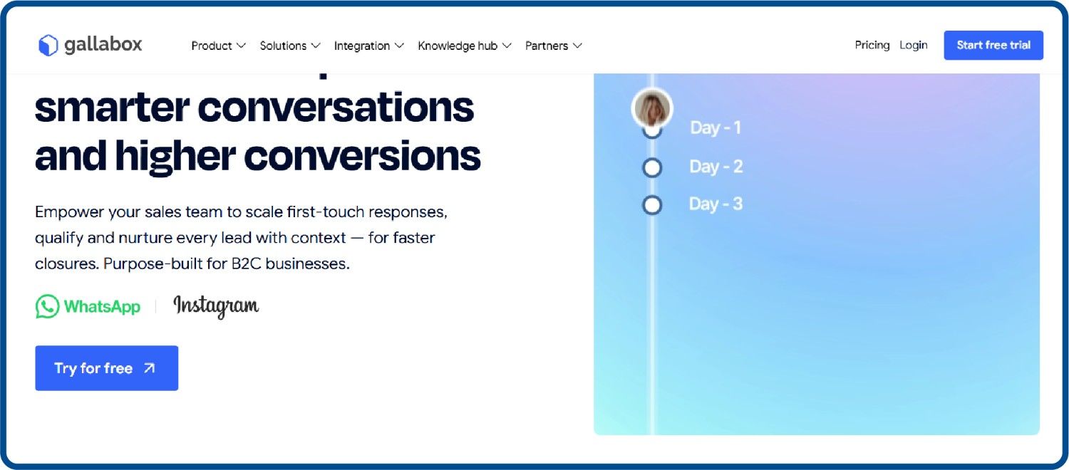 Homepage screenshot for Gallabox platform